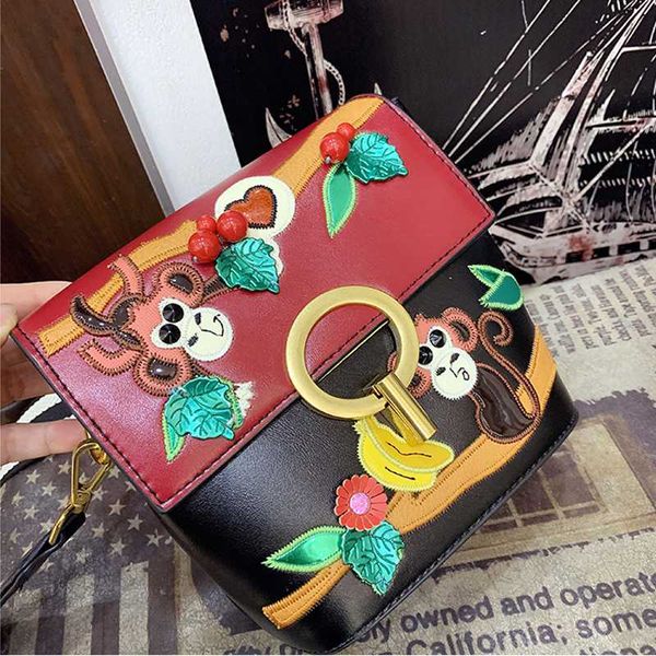 

monkey banana women bags leather patchwork embroidery cross body messenger bag girl shoulder bags braccialini style art cartoon