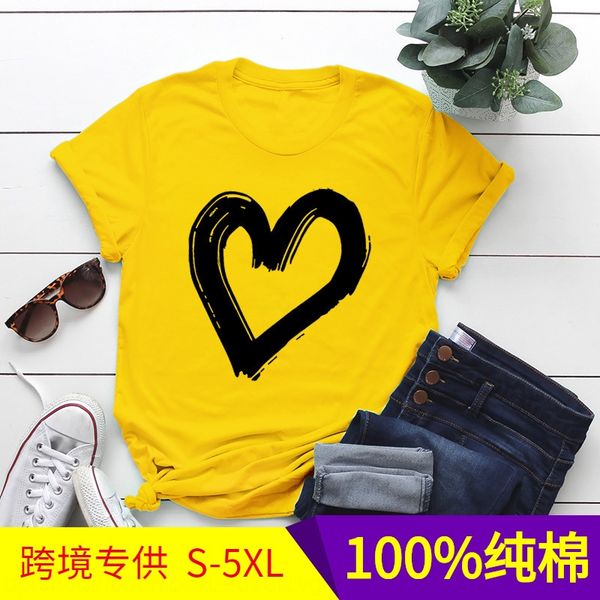 

po8lm women's loose round neck ink heart-shaped bottoming short-sleeved for women women's loose round t-shirt neck ink heart-shape, White