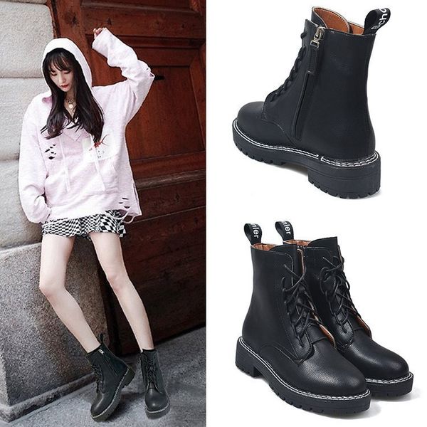 

winter 2020 new women's boots british style retro lace up thick heel short boots round head thick heel, Black
