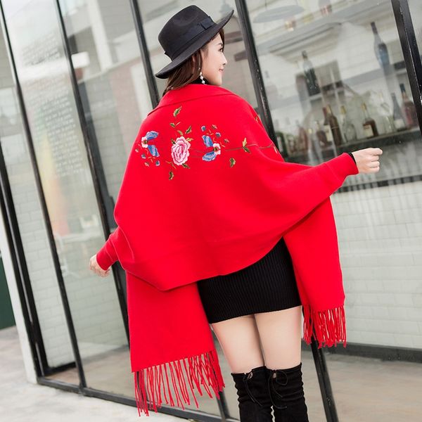 

embroidered peony with sleeves shawl scarf dual-use scarf women's thickened season knitted cloak cloak coat, Blue;gray