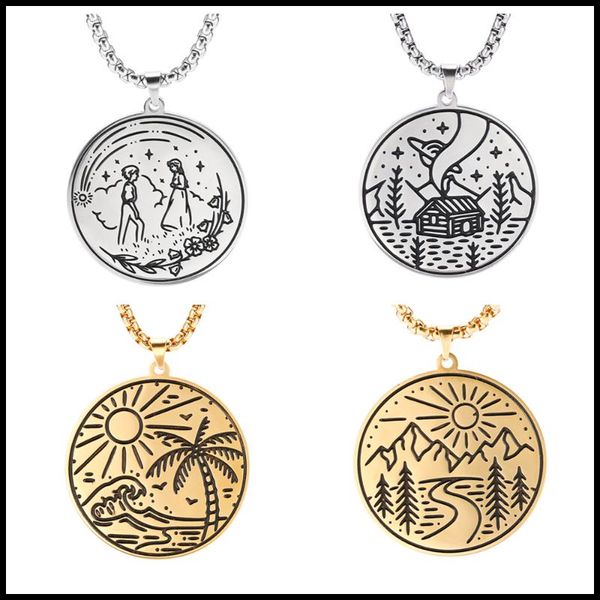 

teamer beautiful landscape lover round pendant necklace stainless steel statement long box chain necklaces for men women, Silver