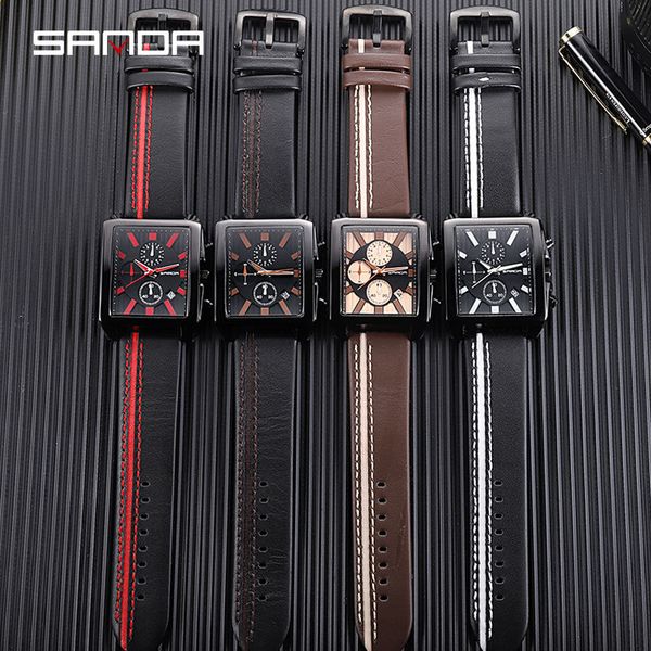 

high-end new three-eye watch six-pin multi-function sports mens leather watch student waterproof quartz watch, Slivery;brown