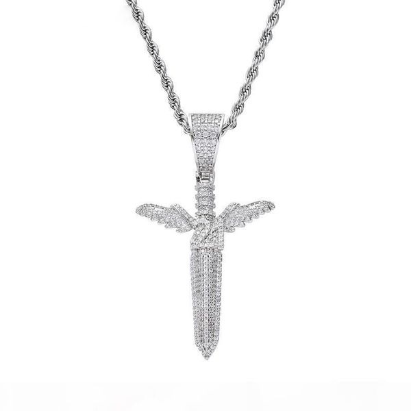 

gold silver plated big angel wings sword iced out zircon lab diamond bling mens hip hop jewelry gift