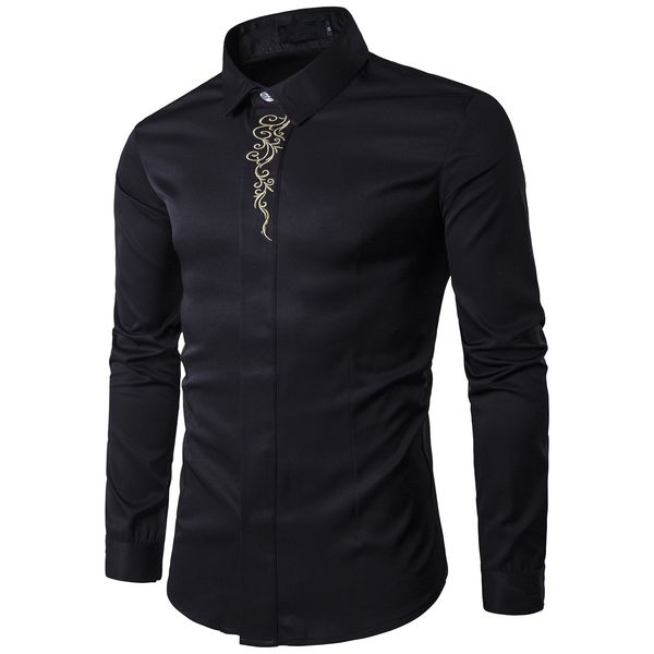 

mens designer slim fit dress shirts embroidery solid color turn-down collar long sleeved fashion casual shirt euro size men clothing, White;black