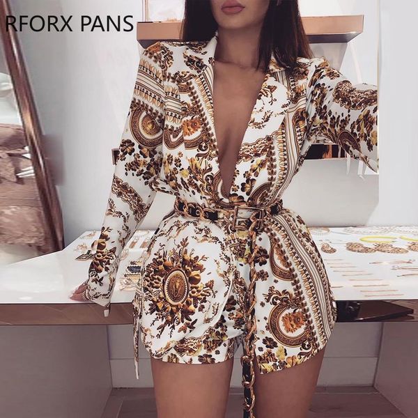 

plunge colorful print long sleeve & shorts sets, White