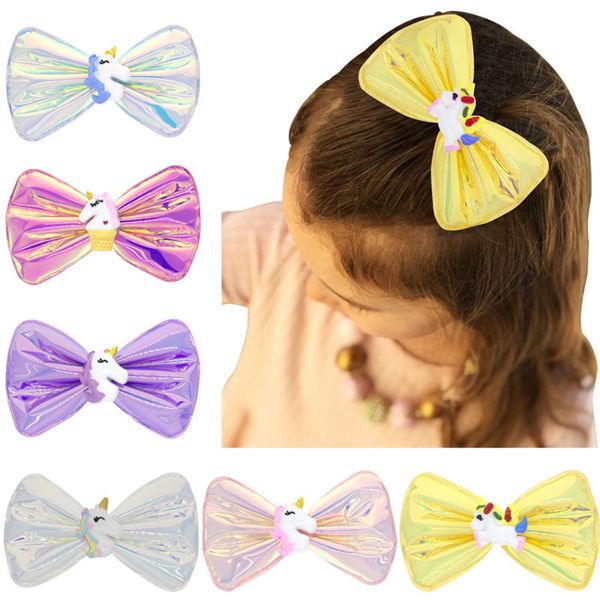 

kids cartoon bowknots hairpins cute baby unicorn shiny glitter hair clips children princess party barrettes fashion accessories, Slivery;white