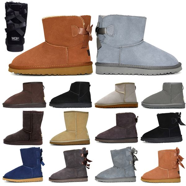 

classic women winter snow boots girl short two bow kneel half leather boots ankle chestnut grey womens girl shoes trainers 5-10, Black