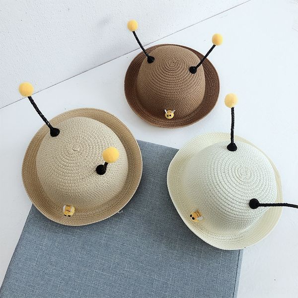 

qiu nan new children's straw straw baby sun boys' and girls' basin hat cartoon bee baby sun hat, Blue;gray