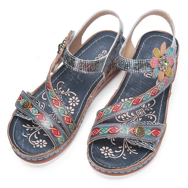 

puimentiua retro leather women sandals knitting ethnic style metal flower buckle hook &loop opened toe sandals botas mujer 2020, Black