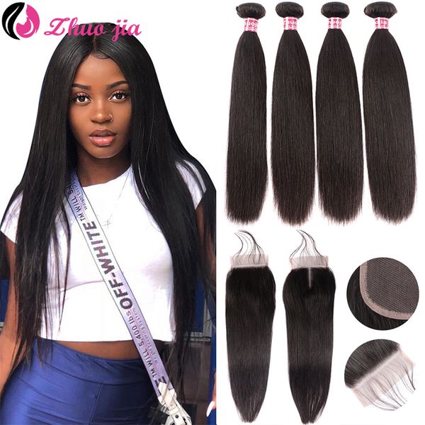 

zhuo jia straight 4 bundles with closure remy brazilian human hair bundles with closure brazilian hair bundles with closure, Black;brown