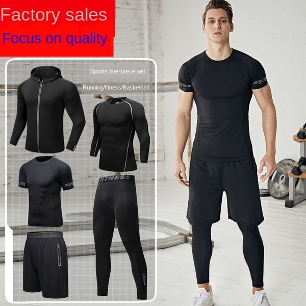 

fitness men's sports five-piece basketball quick-drying short-sleeved training suit high elastic tights basketball suit, White;black