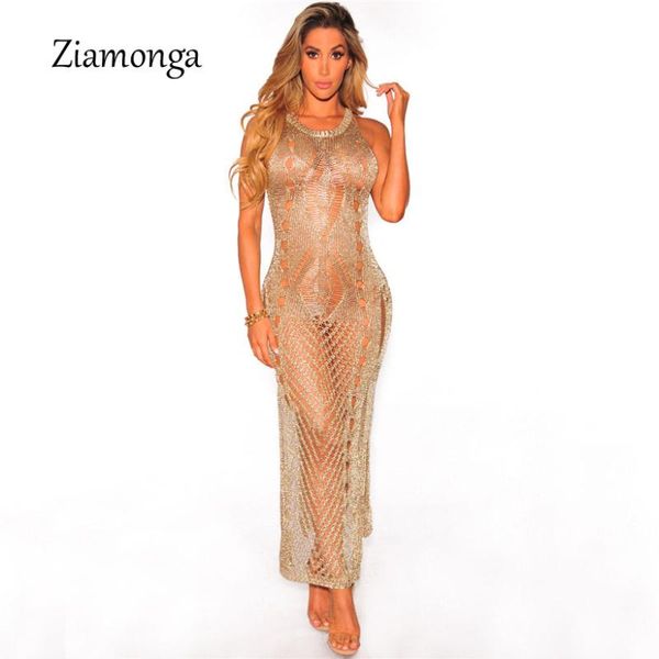 

ziamonga stylish crochet long sundress summer high split hollow out metallic knit ripped beach dress women bandage vestidos, White;black