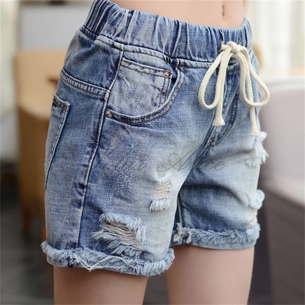 

2020 women's summer new high-waist ripped denim shorts loose student wild wide leg curled shorts, Blue