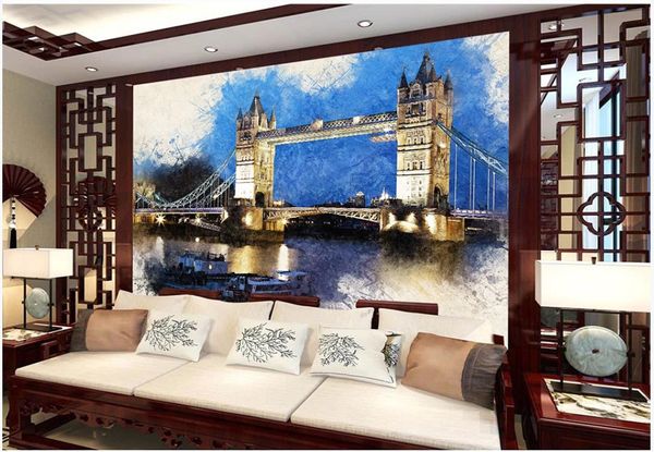 Individuelle Fototapeten Wandbilder für Wände 3D Wandtapete Nordic kreative Aquarell London Brücke Schlafzimmer Nacht Papiere Hintergrund Wand