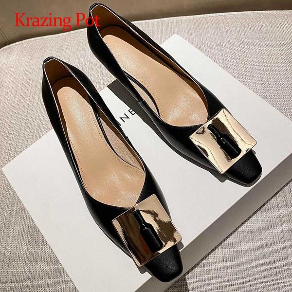 

krazing pot genuine leather metal decorations spring small square toe med thin heel slip on elegant lady catwalk women pumps l20, Black