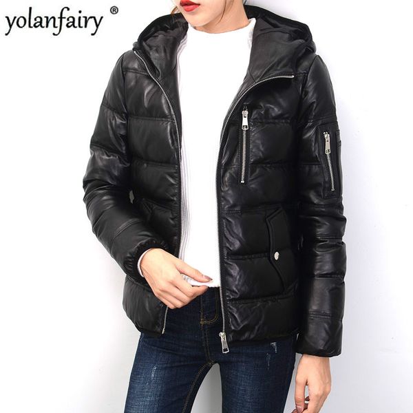 

women's leather jacket 2020 sheepskin coat genuine leather down jacket hooded autumn winter real jackets 616a kj4320, Black