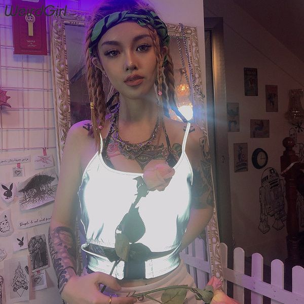 

weirdgirl women reflective camis silver hollow out club party crop sleeveless slim female straps tank summer new, White