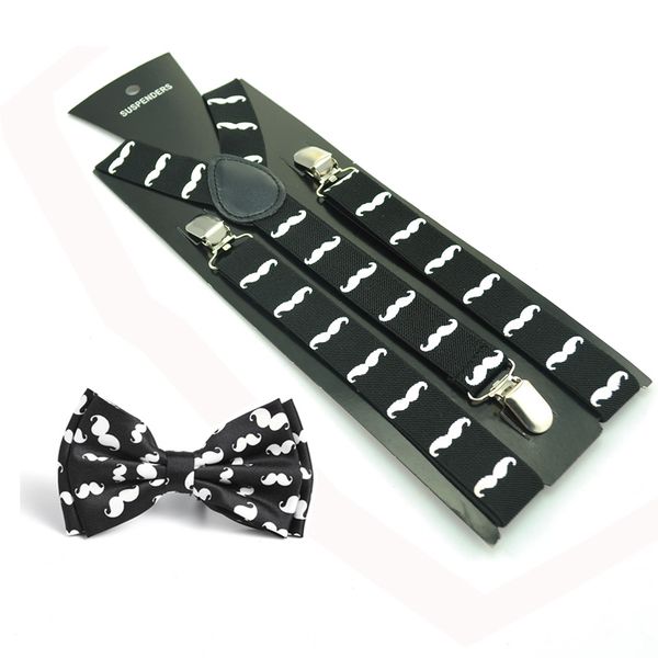 

clip-on braces elastic suspender with bow tie set y-shape 10"mustache"colors men women suspenders&tie set sale, Black;white