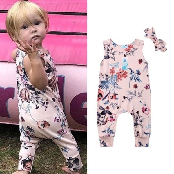 

0-24m summer infant baby girl floral print sleeveless romper jumpsuit outfits fashion clothes headband set wholesale t200721, Blue