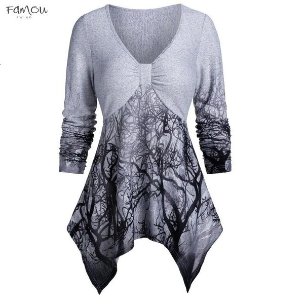 

plus size fashion applique tree print tunic blouse casual winter ladies v neck female womens long sleeve shirt blusas pullover, White