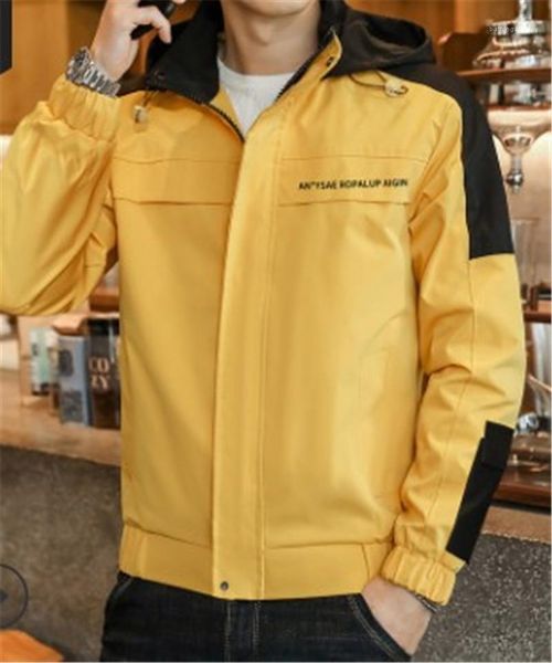 

long sleeved letter jacket mens spring autumn contrast color jacket mens patchwork zipper coats hooded collar, Black;brown