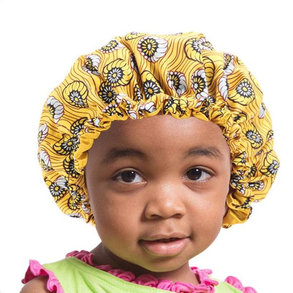 

children girl satin bonnet adjustable double layer night sleep caps kids african print turban hair cover baby hat, Blue;gray