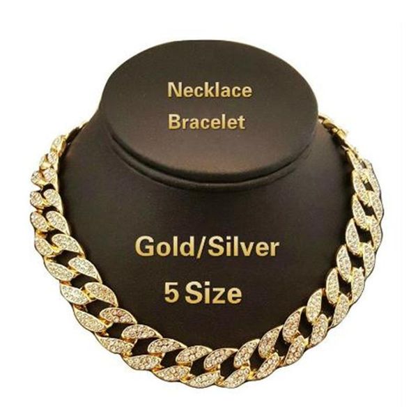 

iced out bling rhinestone crystal gold finish miami cuban link chain men's hip hop necklace jewelry 18,20, 24, 30 inch, Silver