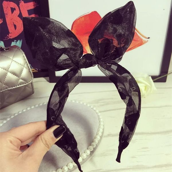 

korean accessories children's xiaoxiangfeng mesh printed bow knot rabbit ear thin edge hair band tu er hair band headband, Slivery;white