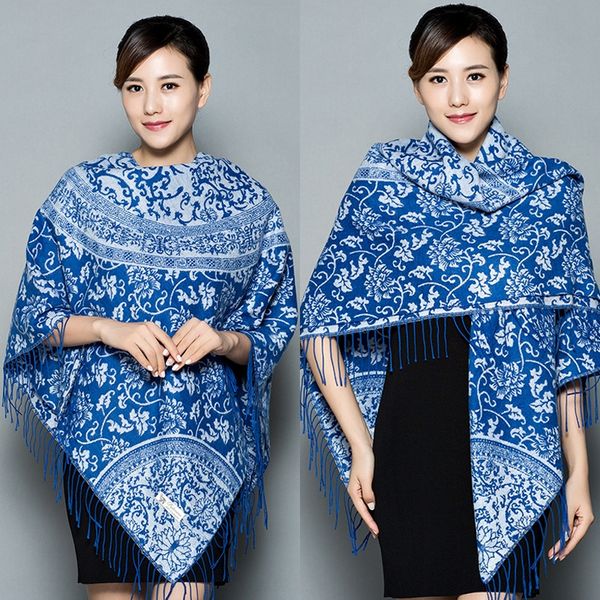 

new national style lijiang blue and white national shawl square towel porcelain cashmere square towel gift shawl in tourist area, Blue;gray