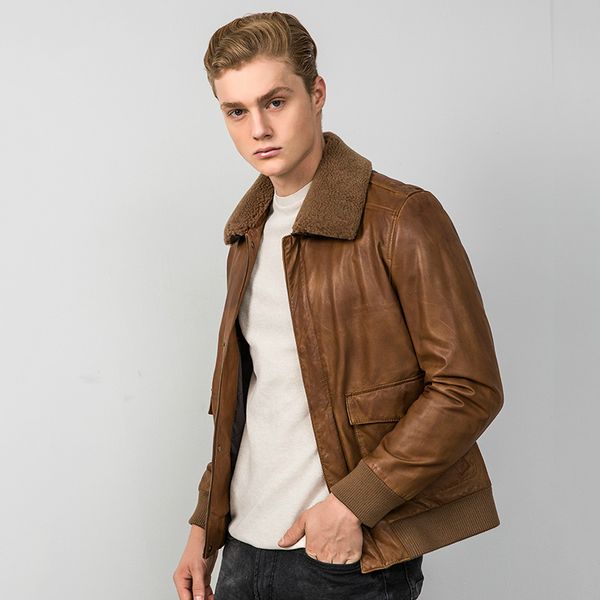 

men's leather & faux mens lapel first layer cowhide coat handsome genuine jacket men lamb fur collar short motorcycle jackets, Black