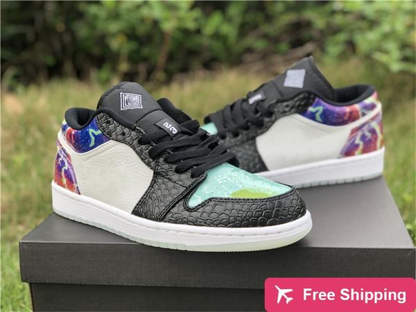 

new authentic 1 low galaxy basketball shoes man woman glow in the dark black multi color white snake cw7309 -090 sneakers with original bo