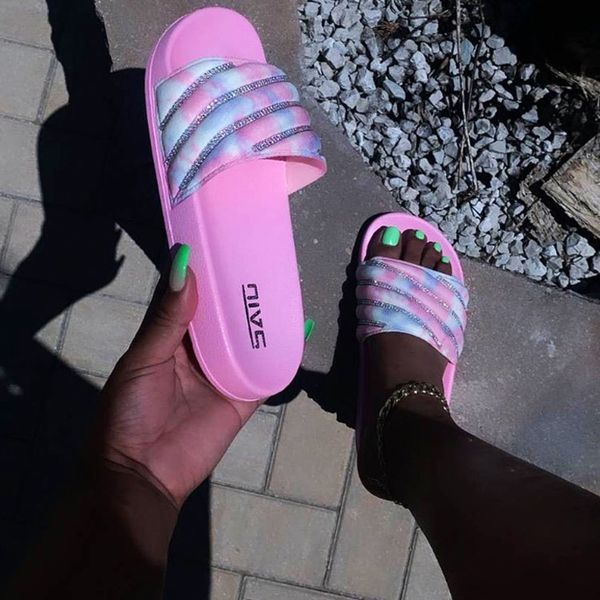 

glitter slippers women summer sandals 2020 fashion bling female candy color flip flops beach diamond flat shoes outdoor sandals, Black