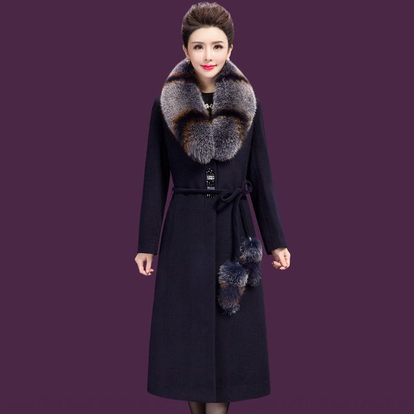 

autumn winter fox fur collar overcoat middle aged mom put korean version of the slim jacket wool wool lace up woolen jacket, Black