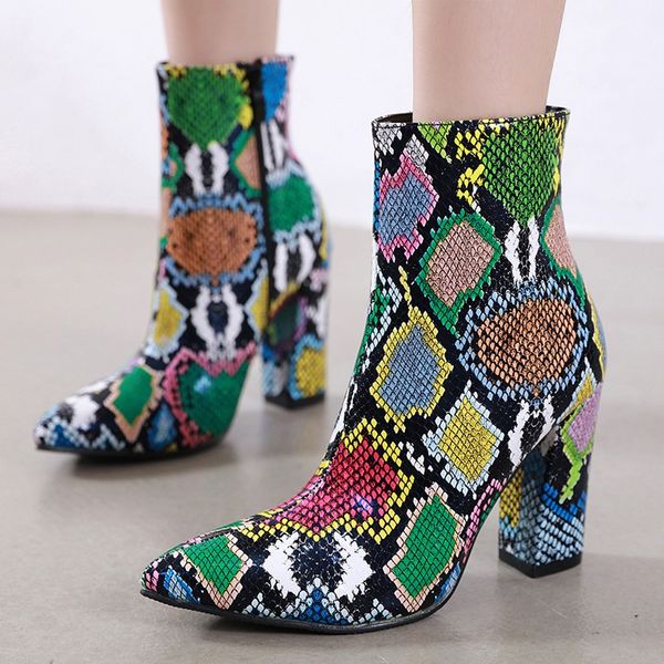 

wild multicolor snake pattern boots women snakeskin thick heel boots high heel shoes woman bohemian square root winter boot, Black