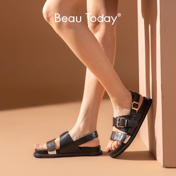

beautoday sandals women genuine cow leather mixed colors ankle buckle strap summer ladies casual platform shoes handmade 38144, Black