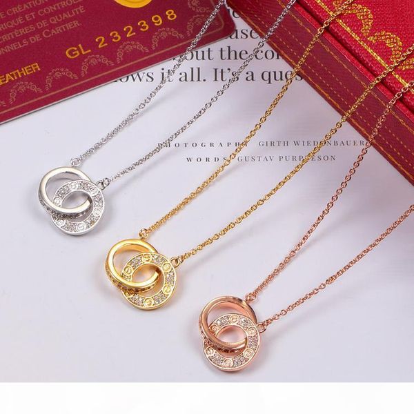 

dual circle pendant with full cz diamond rose gold silver color necklace for women vintage collar costume jewelry with original box set