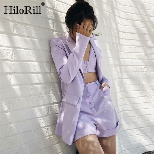 

hilorill summer casual women two piece set 2020 solid camisole crop and fashion button shorts female purple 2 piece, White