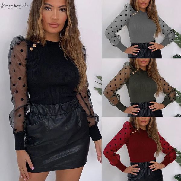 

women skinny mesh polka dot patchwork round lantern sleeve women blouse shirt long sleeve women shirt, White