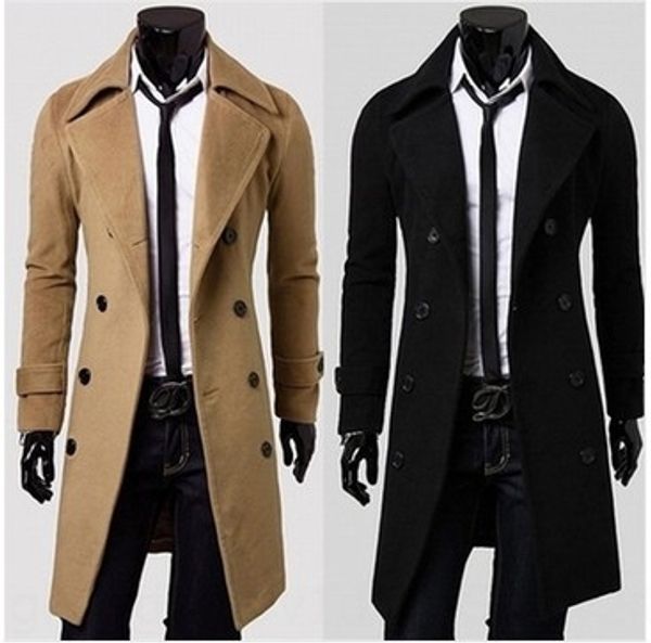 

winter men's windbreaker wool wool fashion mid-length woolen casual large size woolen coat men's windbreaker coat, Tan;black