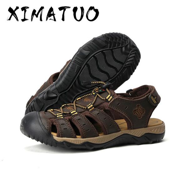 

sandals 2021 big size genuine leather men summer shoes beach for man fashion brand outdoor casual sneakers, Black