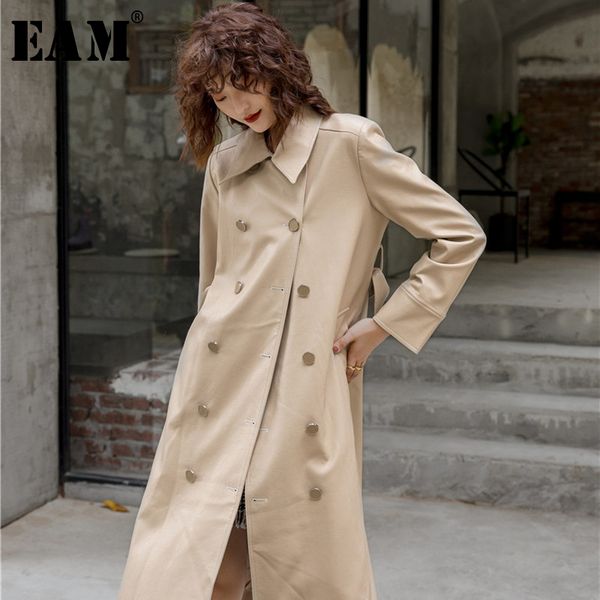 

eam] women pu leather apricot big size trench new lapel long sleeve loose fit windbreaker fashion tide spring autumn 2020 1x476, Tan;black