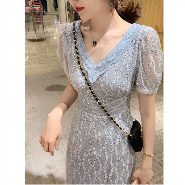 

2020 new lightgentle gray embroidered blue sequined embroidered dress women's summer v-neck bubble sleeve lace dress long and short, Black;gray