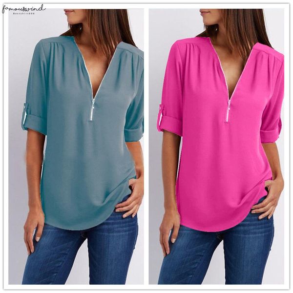 

4xl 5xl shirt plus size women blouse 2020 casual long sleeve v neck zipper loose summer shirts large size sexy, White