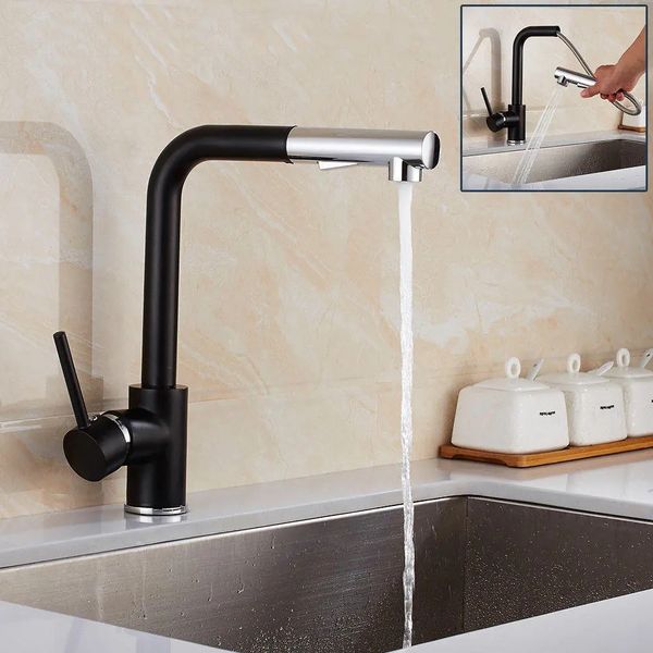 Rubinetto per lavabo moderno con doccetta estraibile, miscelatore per lavabo, rotazione a 360°, foro singolo, ottone nero