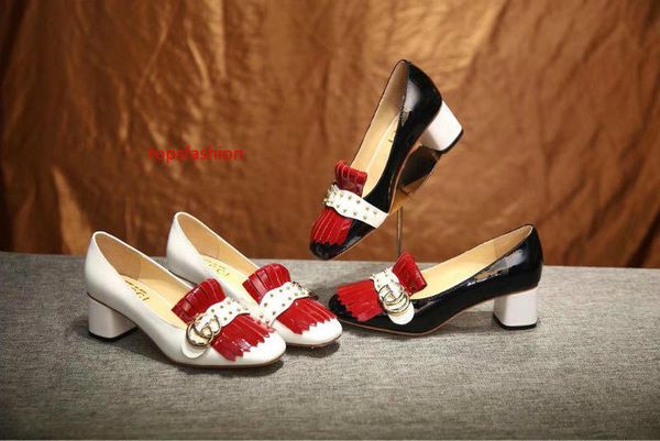 

2019 women letter rivets metal buckle tassel low heel shoes real leather fashion 5cm thick heels shoes with, Black;green