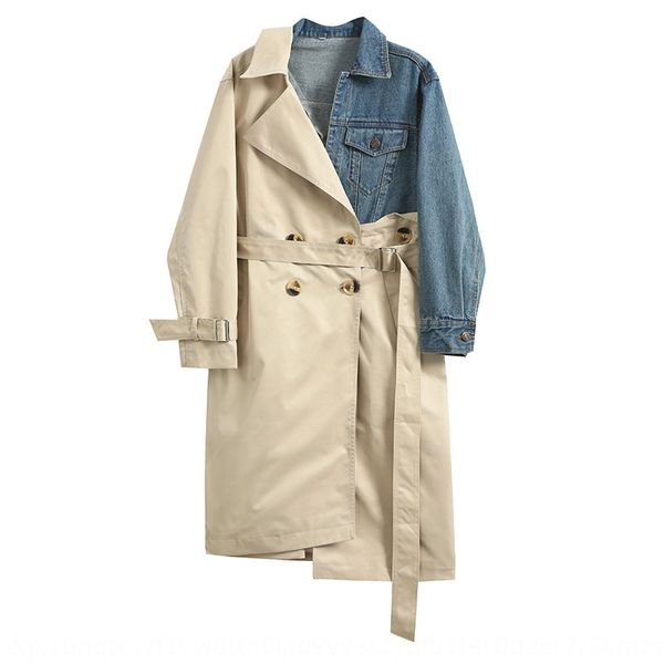 

2020 весна и осень ветровка стиль джинсовой шить траншею средней длиной с длинным рукавом асимметричного случайного пальто сыпучих пальто же, Tan;black