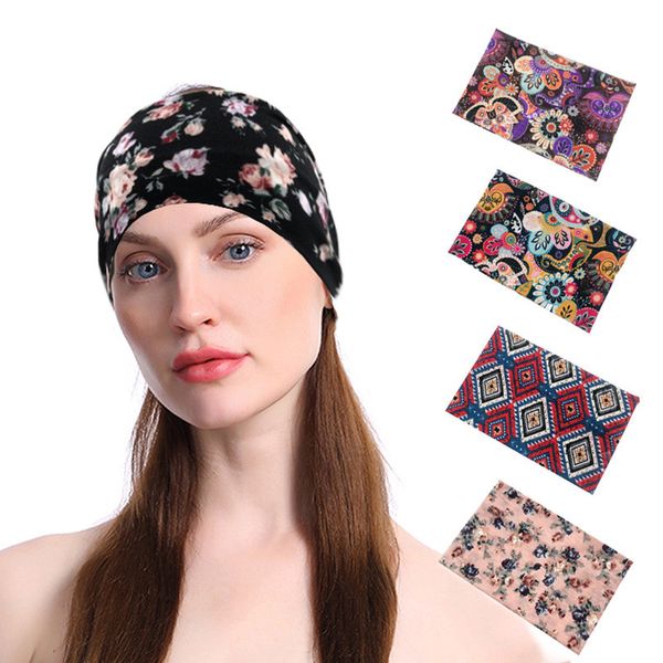 

elastic print flower wide scrunchies headbands bohemian women wash shower hair bands ethnic style polyester absorb sweat headscarf accessori, Silver