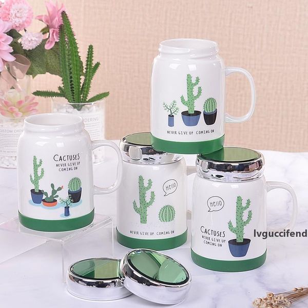 

500ml ceramic coffee mugs with mirror lid set pink panther cactus food grade pp material tea cup mug for women girl student t200506