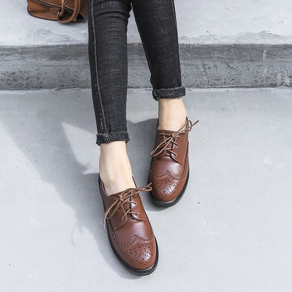 

spring & autumn women's shoes england style brogue flats female oxfords lace-up perforated ornament oulyyyogo, Black