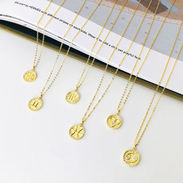

2020 designer silver s925 sterling silver coin round pendant necklace female ins 12 twelve constellation necklace female clavicle chain